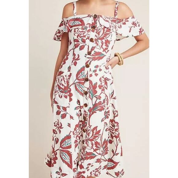 Anthropologie Oahu Linen Maxi Dress Cream Red Floral Size 12 NEW Boho Beach - Picture 1 of 11